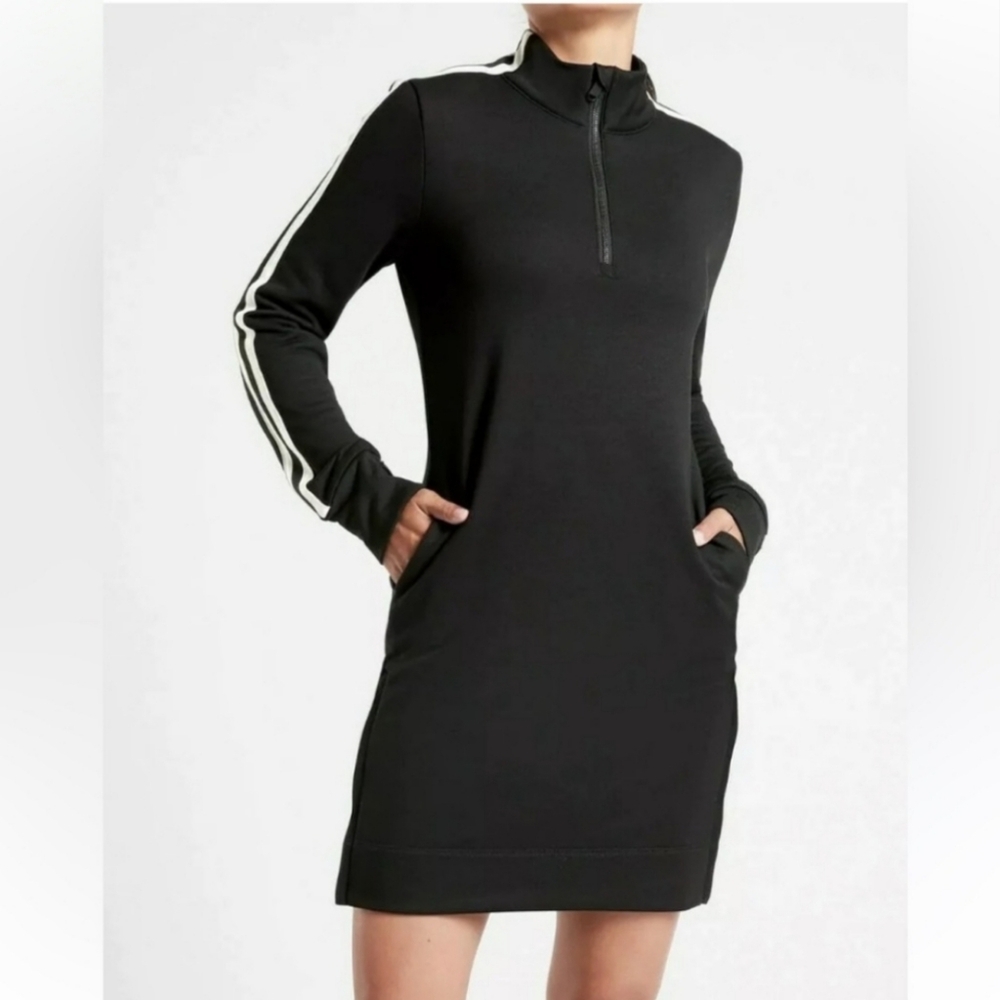 Athleta Circa Black With White Stripes Longsleeve Mini Track Dress - Picture 2 of 15